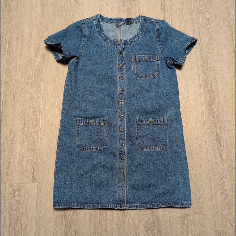 Vintage Erika & Co Denim Jean Button Front Dress Short Sleeve‎ Pockets Womens M